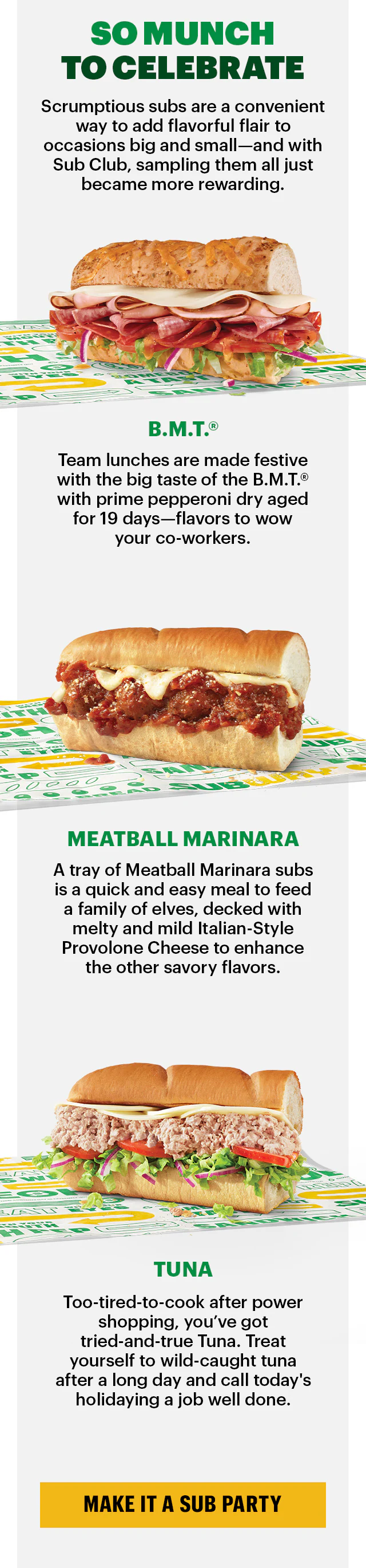 Promotional image for the new Subway rewards, Sub Club. The program offers stamps for purchases, one stamp equals one Footlong and a 6-inch equals half a stamp. The email promotes purchasing footlongs for the holiday season, to bring to your soirees and host in style. The image hosts a festive feel while highlighting different Subway subs and the Sub Club stamps.