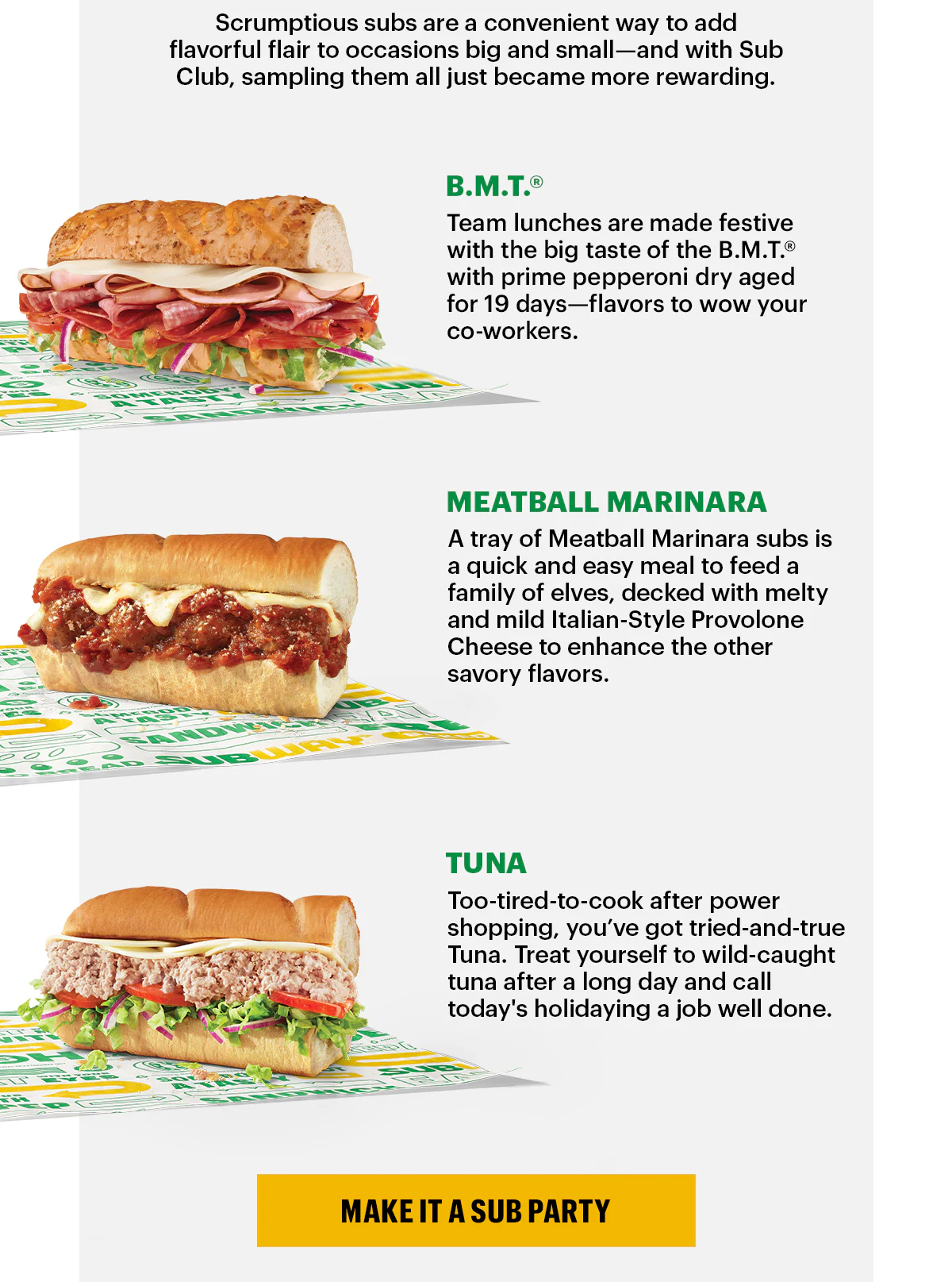 Promotional image for the new Subway rewards, Sub Club. The program offers stamps for purchases, one stamp equals one Footlong and a 6-inch equals half a stamp. The email promotes purchasing footlongs for the holiday season, to bring to your soirees and host in style. The image hosts a festive feel while highlighting different Subway subs and the Sub Club stamps.