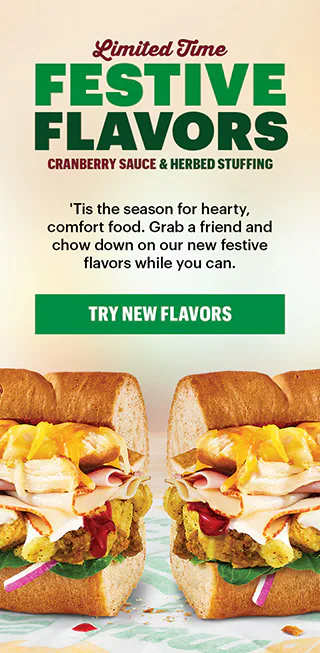 Promotional ad for the new Festive subs. Tone is warm and inviting, with an orange gradient background and a large image of one of the festive sandwiches.
