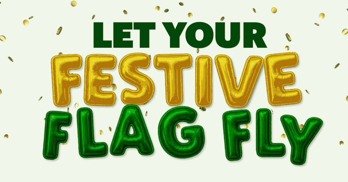 Email header with festive balloon-style letters and subtle gold confetti. Below, three Subway festive subs are displayed vertically, each labeled with a ribbon. Body text promotes trying new festive subs for the New Year, ending with a call-to-action button to order.