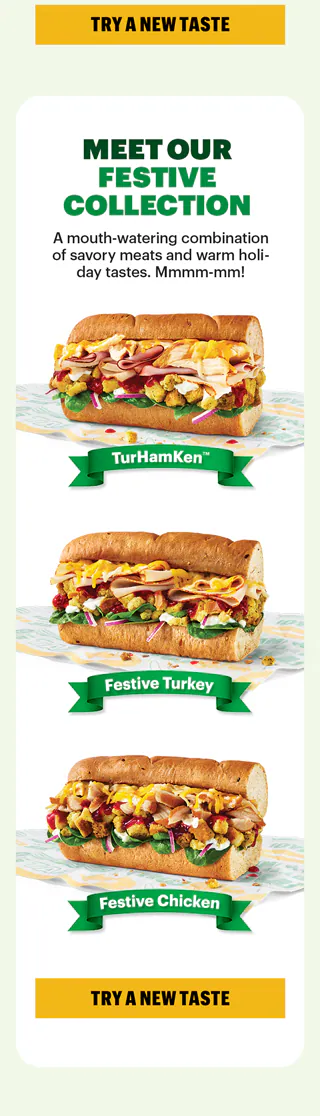 Email header with festive balloon-style letters and subtle gold confetti. Below, three Subway festive subs are displayed vertically, each labeled with a ribbon. Body text promotes trying new festive subs for the New Year, ending with a call-to-action button to order.