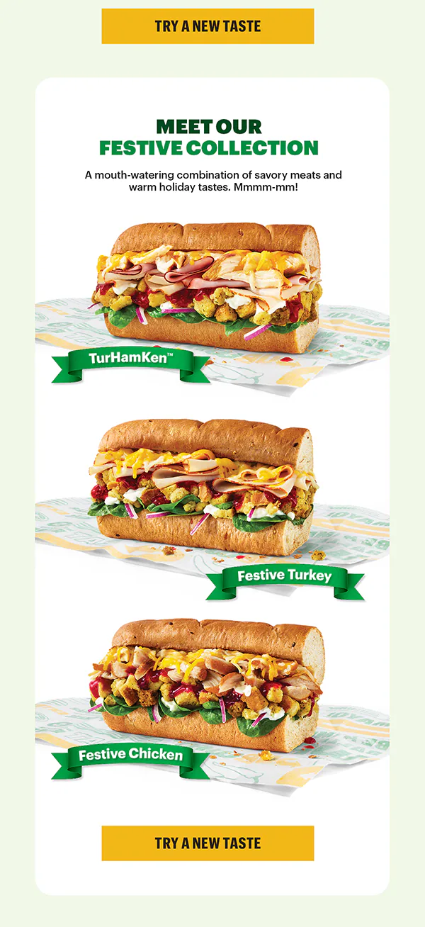 Email header with festive balloon-style letters and subtle gold confetti. Below, three Subway festive subs are displayed vertically, each labeled with a ribbon. Body text promotes trying new festive subs for the New Year, ending with a call-to-action button to order.