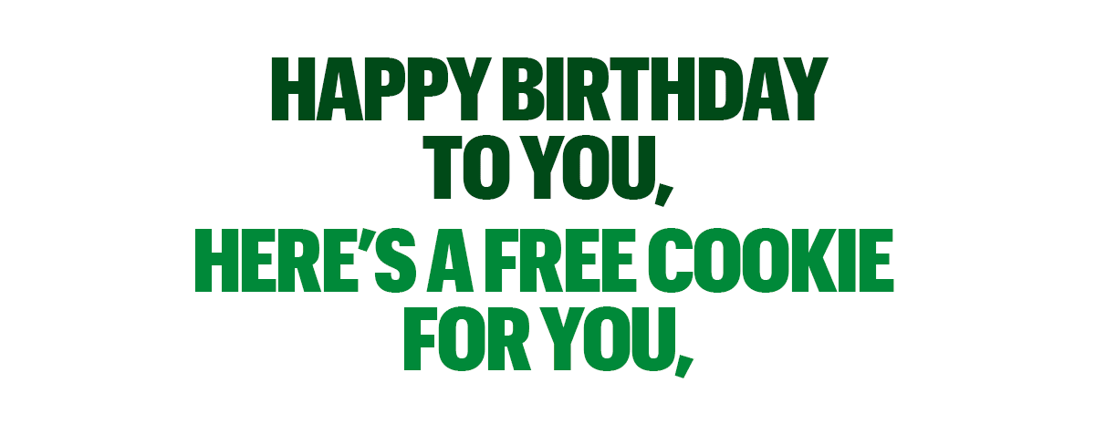 A tall stack of chocolate chip cookies with a lit candle on top celebrates a birthday. Musical notes surround green birthday text, adding a festive touch.