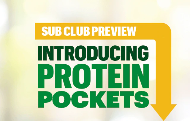 Promotional email announcing Subway’s new Protein Pockets. Header reads: ‘Sub Club Preview: Introducing Protein Pockets’. Hero image shows freshly prepared Protein Pockets on a countertop with vibrant ingredients and a variety of sauces. Two prominent badges highlight ‘High Protein’ and ‘Great Price.’ Call-to-action button says ‘Order Now.’ Layout is clean and food-forward, emphasizing affordability and freshness.