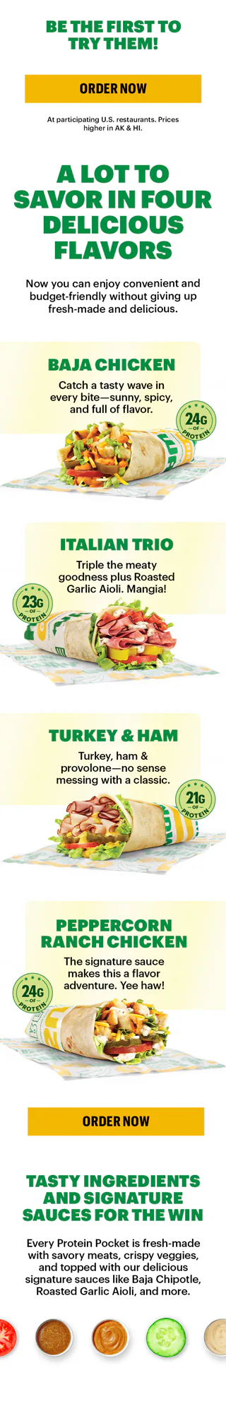 Promotional email announcing Subway’s new Protein Pockets. Header reads: ‘Sub Club Preview: Introducing Protein Pockets’. Hero image shows freshly prepared Protein Pockets on a countertop with vibrant ingredients and a variety of sauces. Two prominent badges highlight ‘High Protein’ and ‘Great Price.’ Call-to-action button says ‘Order Now.’ Layout is clean and food-forward, emphasizing affordability and freshness.