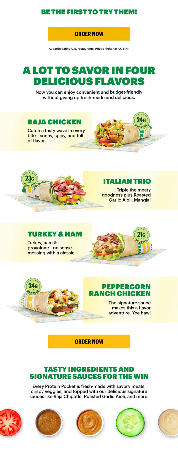 Promotional email announcing Subway’s new Protein Pockets. Header reads: ‘Sub Club Preview: Introducing Protein Pockets’. Hero image shows freshly prepared Protein Pockets on a countertop with vibrant ingredients and a variety of sauces. Two prominent badges highlight ‘High Protein’ and ‘Great Price.’ Call-to-action button says ‘Order Now.’ Layout is clean and food-forward, emphasizing affordability and freshness.