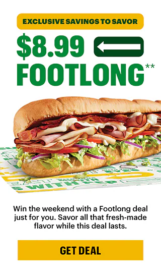 Promotional ad for a $8.99 Subway footlong. The image is large and inviting, with bold green and yellow colors emphasizing the deal.