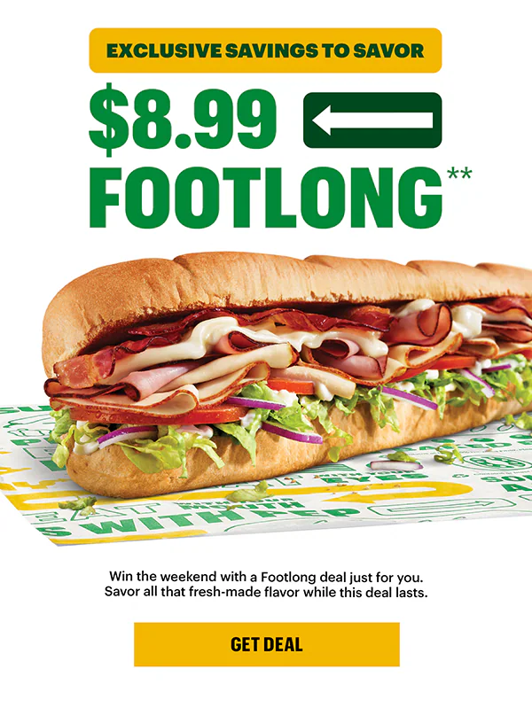 Promotional ad for a $8.99 Subway footlong. The image is large and inviting, with bold green and yellow colors emphasizing the deal.