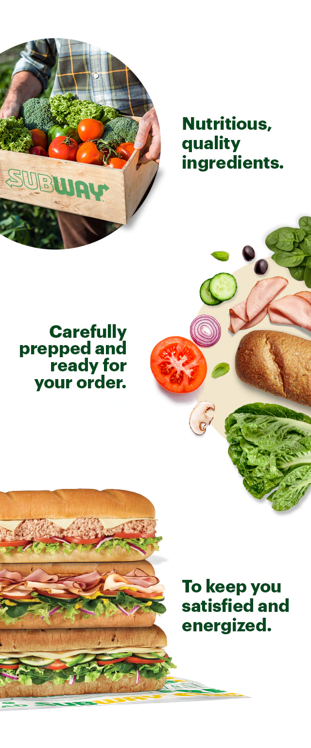 Promotional Subway email featuring a selection of fresh vegetables and sandwiches. The top section displays the headline “Great Subs Start With Great Ingredients” in bold green and yellow text, with two large subs on a branded wrapper. Below, a yellow button reads “Get Yours Today.” The middle section shows a crate of fresh vegetables labeled “Subway,” alongside text: “Nutritious, quality ingredients” and “Crisp, clean and carefully prepped for you.”. Nearby are individual ingredients like tomato, cucumber, onion, bread, and lettuce. Further down, two stacked subs appear with the caption “To keep you satisfied and energized.” Another yellow button says “Get Yours Today.” The bottom section highlights bread preparation with text: “Our day begins when we fire up the bread oven,” describing fresh-baked bread for flavorful goodness.