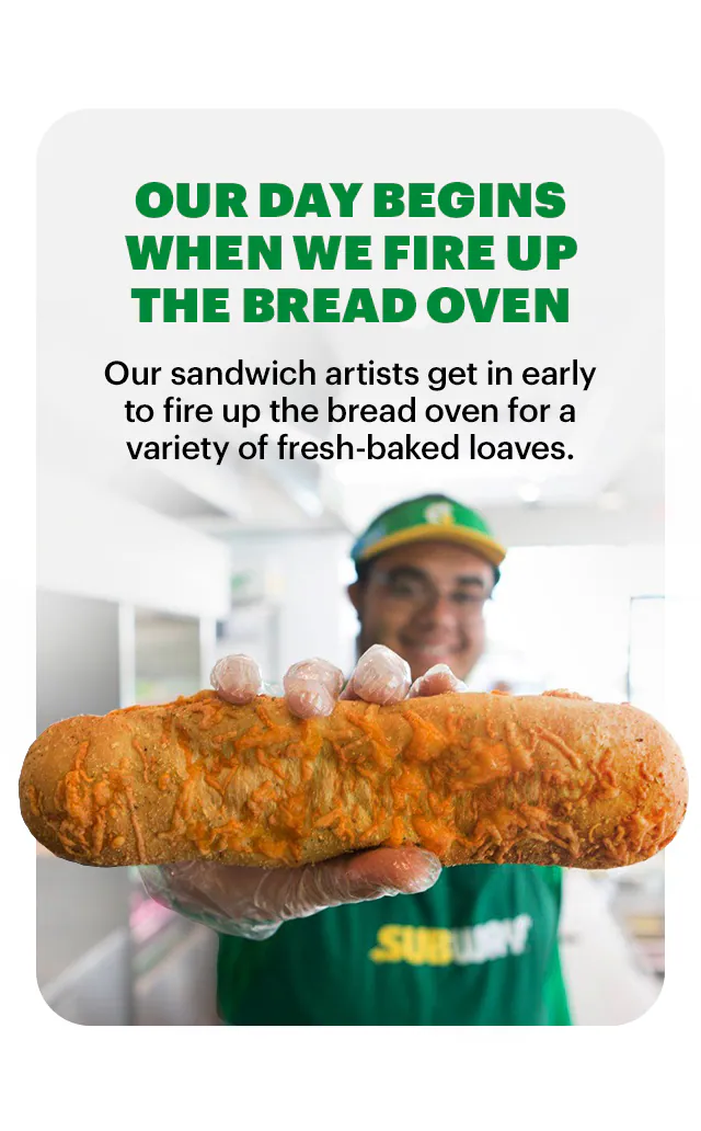 Promotional Subway email featuring a selection of fresh vegetables and sandwiches. The top section displays the headline “Great Subs Start With Great Ingredients” in bold green and yellow text, with two large subs on a branded wrapper. Below, a yellow button reads “Get Yours Today.” The middle section shows a crate of fresh vegetables labeled “Subway,” alongside text: “Nutritious, quality ingredients” and “Crisp, clean and carefully prepped for you.”. Nearby are individual ingredients like tomato, cucumber, onion, bread, and lettuce. Further down, two stacked subs appear with the caption “To keep you satisfied and energized.” Another yellow button says “Get Yours Today.” The bottom section highlights bread preparation with text: “Our day begins when we fire up the bread oven,” describing fresh-baked bread for flavorful goodness.