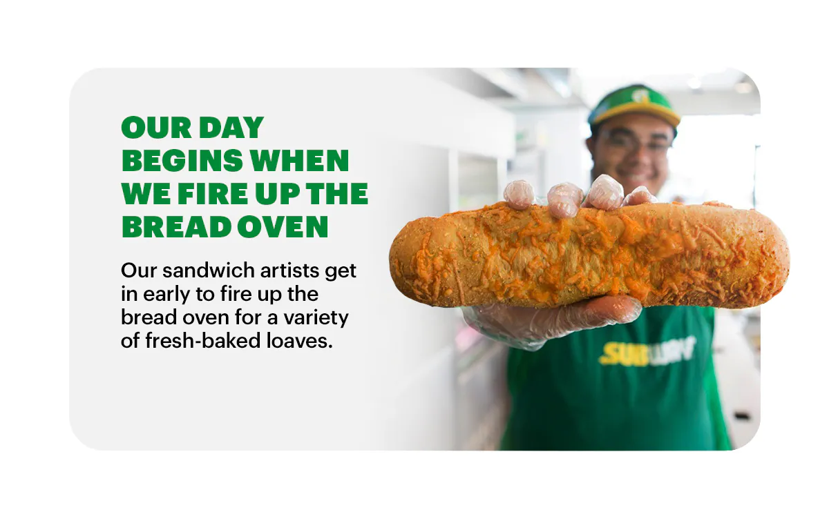 Promotional Subway email featuring a selection of fresh vegetables and sandwiches. The top section displays the headline “Great Subs Start With Great Ingredients” in bold green and yellow text, with two large subs on a branded wrapper. Below, a yellow button reads “Get Yours Today.” The middle section shows a crate of fresh vegetables labeled “Subway,” alongside text: “Nutritious, quality ingredients” and “Crisp, clean and carefully prepped for you.”. Nearby are individual ingredients like tomato, cucumber, onion, bread, and lettuce. Further down, two stacked subs appear with the caption “To keep you satisfied and energized.” Another yellow button says “Get Yours Today.” The bottom section highlights bread preparation with text: “Our day begins when we fire up the bread oven,” describing fresh-baked bread for flavorful goodness.