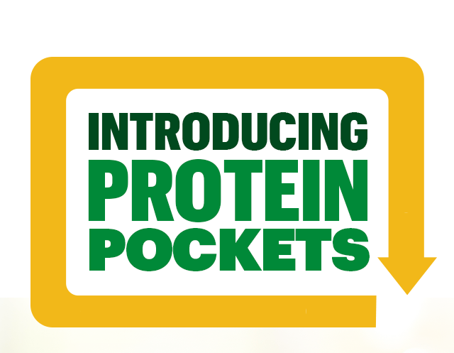 Promotional email announcing Subway’s new Protein Pockets. Header reads: ‘Introducing Protein Pockets’. Hero image shows freshly prepared Protein Pockets on a countertop with vibrant ingredients and a variety of sauces. Two prominent badges highlight ‘High Protein’ and ‘Great Price.’ Call-to-action button says ‘Try one today.’ Layout is clean and food-forward, emphasizing affordability and freshness.