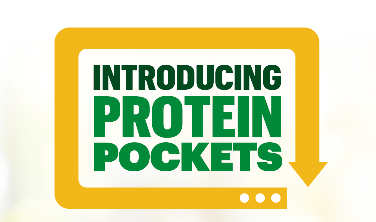Promotional email announcing Subway’s new Protein Pockets. Header reads: ‘Introducing Protein Pockets’. Hero image shows freshly prepared Protein Pockets on a countertop with vibrant ingredients and a variety of sauces. Two prominent badges highlight ‘High Protein’ and ‘Great Price.’ Call-to-action button says ‘Try one today.’ Layout is clean and food-forward, emphasizing affordability and freshness.