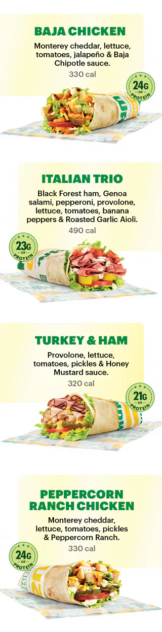 Promotional email announcing Subway’s new Protein Pockets. Header reads: ‘Introducing Protein Pockets’. Hero image shows freshly prepared Protein Pockets on a countertop with vibrant ingredients and a variety of sauces. Two prominent badges highlight ‘High Protein’ and ‘Great Price.’ Call-to-action button says ‘Try one today.’ Layout is clean and food-forward, emphasizing affordability and freshness.