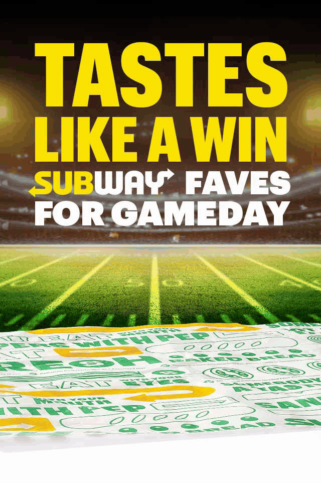 Promotional Subway graphic for football gameday. The top section has bold yellow and white text reading “Tastes Like a Win – Subway Faves for Gameday” over a football field background. Below are four sandwiches displayed on a green and yellow Subway-branded wrapper: Meatball sub, tuna sub, grilled chicken & avocado, and the Subway Club. The image is bright and inviting, encouraging fans to pick their winning sub for the football playoffs.