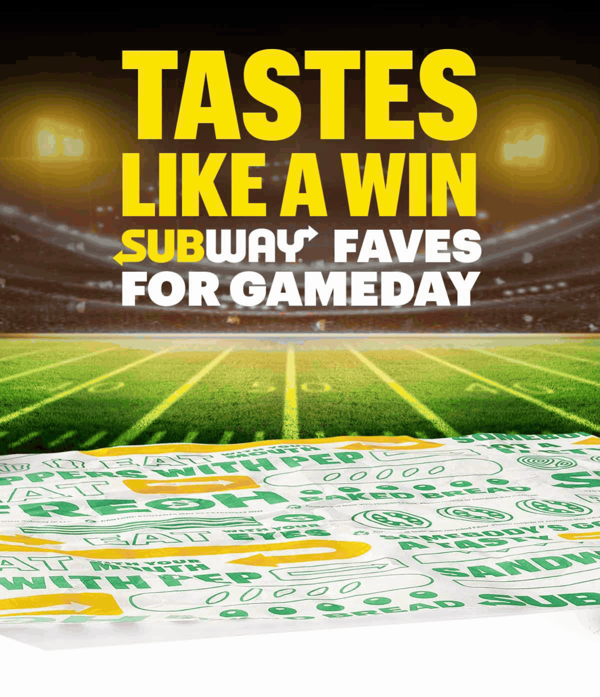 Promotional Subway graphic for football gameday. The top section has bold yellow and white text reading “Tastes Like a Win – Subway Faves for Gameday” over a football field background. Below are four sandwiches displayed on a green and yellow Subway-branded wrapper: Meatball sub, tuna sub, grilled chicken & avocado, and the Subway Club. The image is bright and inviting, encouraging fans to pick their winning sub for the football playoffs.