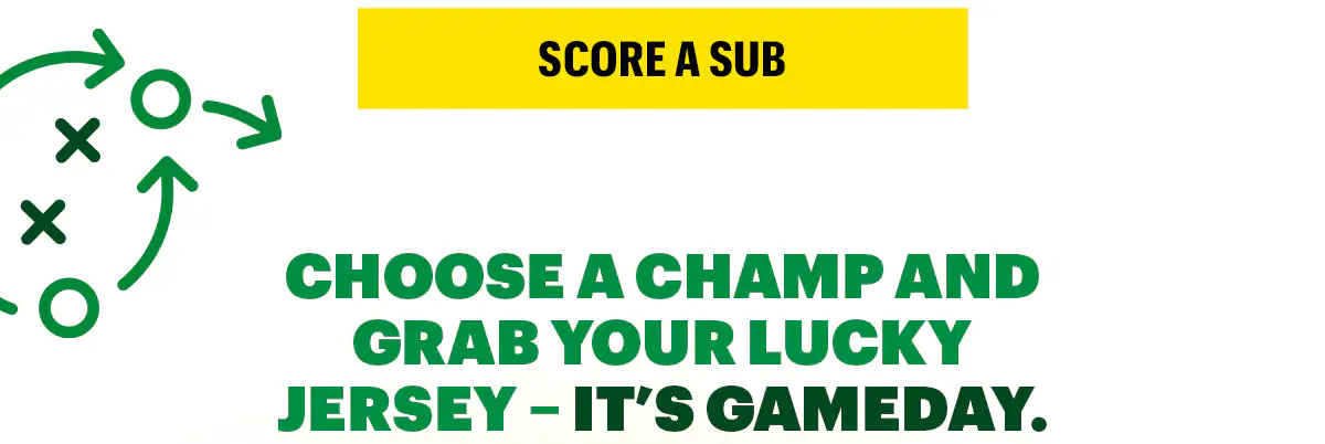 Promotional Subway graphic for football gameday. The top section has bold yellow and white text reading “Tastes Like a Win – Subway Faves for Gameday” over a football field background. Below are four sandwiches displayed on a green and yellow Subway-branded wrapper: Meatball sub, tuna sub, grilled chicken & avocado, and the Subway Club. The image is bright and inviting, encouraging fans to pick their winning sub for the football playoffs.