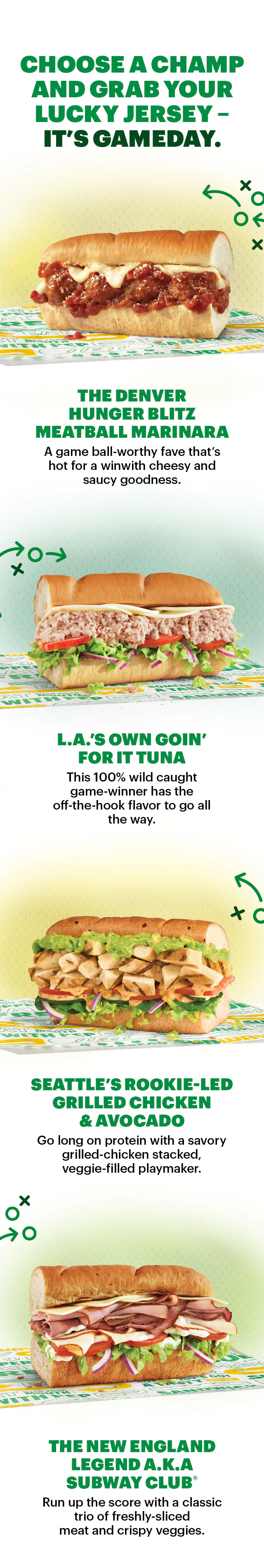 Promotional Subway graphic for football gameday. The top section has bold yellow and white text reading “Tastes Like a Win – Subway Faves for Gameday” over a football field background. Below are four sandwiches displayed on a green and yellow Subway-branded wrapper: Meatball sub, tuna sub, grilled chicken & avocado, and the Subway Club. The image is bright and inviting, encouraging fans to pick their winning sub for the football playoffs.