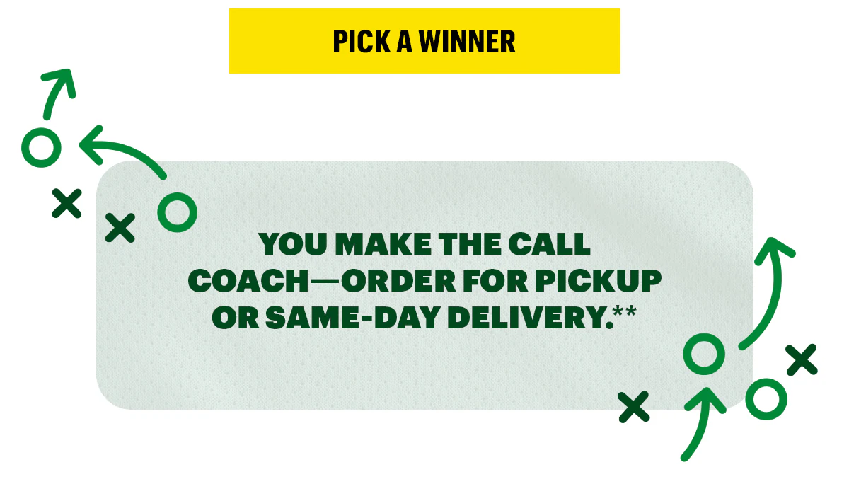 Promotional Subway graphic for football gameday. The top section has bold yellow and white text reading “Tastes Like a Win – Subway Faves for Gameday” over a football field background. Below are four sandwiches displayed on a green and yellow Subway-branded wrapper: Meatball sub, tuna sub, grilled chicken & avocado, and the Subway Club. The image is bright and inviting, encouraging fans to pick their winning sub for the football playoffs.