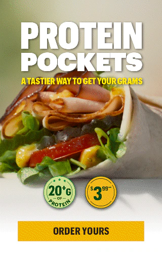 Promotional Subway ad for the new Protein pockets, featuring a large headline in white and yellow text: “Protein Pockets: A tastier way to get your grams.”. The headline is a large zoomed in GIF of the ingredients inside a protein pocket. Below the headline are two badges representing the protein pockets are high in protein and low in price. The next section has three icons describing the protein pockets: An emoticon with a smily face and tongue sticking out for "flavorful", a stop watch for "Fast", and a protein pocket for "filling". The bottom section highlights the four protein pockets individually with a subhead reading "Getting your protein doesn't have to be a chore or a bore".