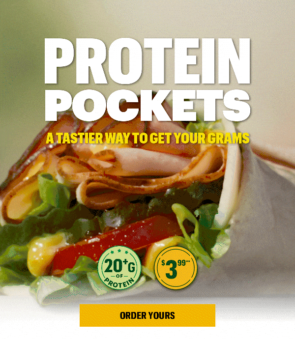 Promotional Subway ad for the new Protein pockets, featuring a large headline in white and yellow text: “Protein Pockets: A tastier way to get your grams.”. The headline is a large zoomed in GIF of the ingredients inside a protein pocket. Below the headline are two badges representing the protein pockets are high in protein and low in price. The next section has three icons describing the protein pockets: An emoticon with a smily face and tongue sticking out for "flavorful", a stop watch for "Fast", and a protein pocket for "filling". The bottom section highlights the four protein pockets individually with a subhead reading "Getting your protein doesn't have to be a chore or a bore".
