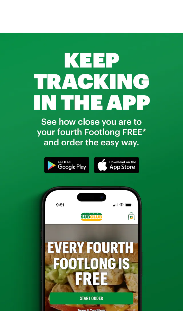 Promotional Subway ad featuring a large headline in green and yellow text: “Tasty deal just for you, 20% Off a sub." Below the headline is an image of a fresh Subway sandwich on branded paper. A yellow button says “Order and Enjoy.”. Further down, a section titled “Eat Fresh® all day” highlights three different options available all day at Subway. "Brighten up breakfast with a bacon, egg & cheese sub.", then "Make lunch a munch with a classic Oven Roasted Turkey.", or "Dish up a delicious dinner with Cheesy Garlic Steak subs for the whole fam." This section is followed by a yellow “Order all day” button. The email is concluded with a green section highlighting the Subway App and "every fourth footlong free". Download the app to keep track and check how close you are to a FREE Fourth Footlong and order all your faves.