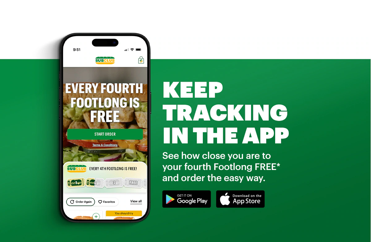 Promotional Subway ad featuring a large headline in green and yellow text: “Tasty deal just for you, 20% Off a sub." Below the headline is an image of a fresh Subway sandwich on branded paper. A yellow button says “Order and Enjoy.”. Further down, a section titled “Eat Fresh® all day” highlights three different options available all day at Subway. "Brighten up breakfast with a bacon, egg & cheese sub.", then "Make lunch a munch with a classic Oven Roasted Turkey.", or "Dish up a delicious dinner with Cheesy Garlic Steak subs for the whole fam." This section is followed by a yellow “Order all day” button. The email is concluded with a green section highlighting the Subway App and "every fourth footlong free". Download the app to keep track and check how close you are to a FREE Fourth Footlong and order all your faves.