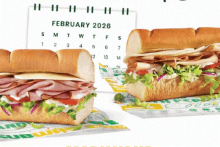 Promotional Subway graphic for a one‑day offer on February 6, 2026. The top section reads ‘One Day Only 2.6.26’ above large text saying ‘Two 6-inch subs only $6.’ Behind the text is a February 2026 calendar with the date 2/6 circled, positioned between images of two Subway sandwiches. Below, a yellow header reads ‘Mark Your Calendar’ with supporting text explaining that the special price is available only when the date matches the deal on 2/6/26, followed by a yellow button labeled ‘Scope Your 6.” A second section with a bell icon reads ‘Get a Reminder on 2/6/26,’ encouraging users to keep Subway notifications turned on. At the bottom, green text says ‘Save This Promo Code’ next to a highlighted code: 2626PROMO.