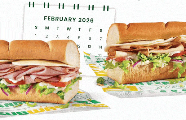 Promotional Subway graphic for a one‑day offer on February 6, 2026. The top section reads ‘One Day Only 2.6.26’ above large text saying ‘Two 6-inch subs only $6.’ Behind the text is a February 2026 calendar with the date 2/6 circled, positioned between images of two Subway sandwiches. Below, a yellow header reads ‘Mark Your Calendar’ with supporting text explaining that the special price is available only when the date matches the deal on 2/6/26, followed by a yellow button labeled ‘Scope Your 6.” A second section with a bell icon reads ‘Get a Reminder on 2/6/26,’ encouraging users to keep Subway notifications turned on. At the bottom, green text says ‘Save This Promo Code’ next to a highlighted code: 2626PROMO.
