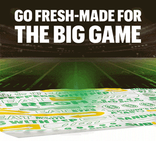 Promotional graphic featuring two Subway subs positioned as competing “teams” for the big game, followed by a catered spread that includes sandwiches, chips, drinks, and cookies. Headline encourages choosing a favorite sub and highlights Subway Catering as an easy way to feed a group. A button at the bottom reads “Order a Win.”. It also promotes purchasing gift cards for Valentine's day, with the offer "get a free footlong cookie with every $25 in gift cards purchased.".