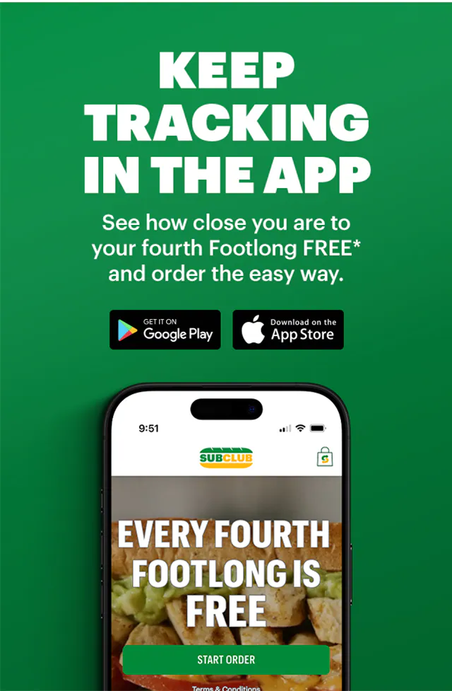 Promotional Subway ad featuring a large headline in green and yellow text: “Big Savings, It's a Sub Club thing: $6.99 Footlongs". Below the headline is an image of a fresh Subway sandwich on branded paper. A yellow button says “Claim your offer.”. Further down, a section titled “What tops it for you” highlights three different ways people like to top their subs. First, you're a pickle purist when you add pickles on top of your pickles for an extra tangy crunch. Next, you're a saucy mixer when you get multiple sauces for a flavor mash up. Last, you're a vege-meat-etarian when your double meat co-exists with avocado and spinach.This section is followed by another yellow “Make it yours” button.