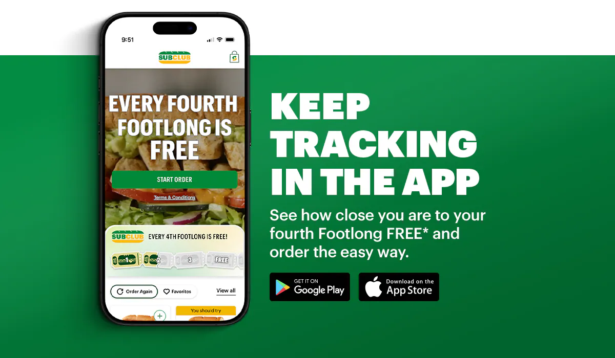 Promotional Subway ad featuring a large headline in green and yellow text: “Big Savings, It's a Sub Club thing: $6.99 Footlongs". Below the headline is an image of a fresh Subway sandwich on branded paper. A yellow button says “Claim your offer.”. Further down, a section titled “What tops it for you” highlights three different ways people like to top their subs. First, you're a pickle purist when you add pickles on top of your pickles for an extra tangy crunch. Next, you're a saucy mixer when you get multiple sauces for a flavor mash up. Last, you're a vege-meat-etarian when your double meat co-exists with avocado and spinach.This section is followed by another yellow “Make it yours” button.