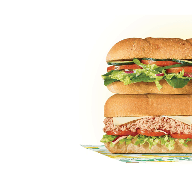 Promotional Subway graphic showing a Friday-only offer for $4.99 six-inch Tuna or Veggie Delite® subs. The top features bold green and yellow text reading ‘Every Friday, 6-inch Tuna & Veggie Delite® Only $4.99.’ Below are images of two six-inch subs: one Veggie Delite and one Tuna. A button labeled ‘Plan Friday Lunch’ appears under introductory text. Mid‑page, three ingredient close-ups show sliced Roma tomatoes, wild‑caught tuna, and spinach, each with short captions about quality and freshness. At the bottom, text reads ‘Is it Friday yet?’ followed by a button labeled ‘Order One Now.’ Background is white with green and yellow accent lines and imagery.
