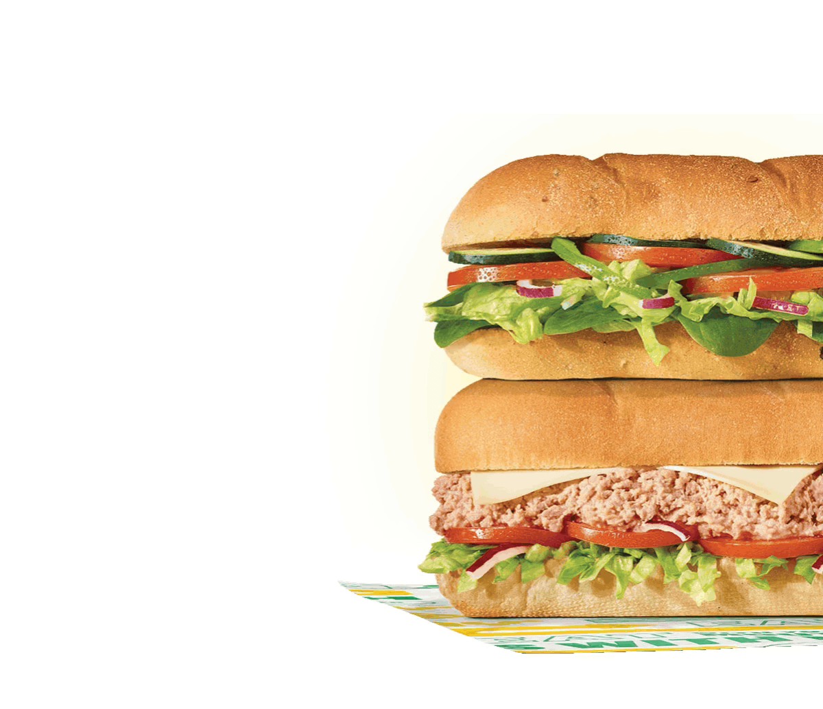 Promotional Subway graphic showing a Friday-only offer for $4.99 six-inch Tuna or Veggie Delite® subs. The top features bold green and yellow text reading ‘Every Friday, 6-inch Tuna & Veggie Delite® Only $4.99.’ Below are images of two six-inch subs: one Veggie Delite and one Tuna. A button labeled ‘Plan Friday Lunch’ appears under introductory text. Mid‑page, three ingredient close-ups show sliced Roma tomatoes, wild‑caught tuna, and spinach, each with short captions about quality and freshness. At the bottom, text reads ‘Is it Friday yet?’ followed by a button labeled ‘Order One Now.’ Background is white with green and yellow accent lines and imagery.