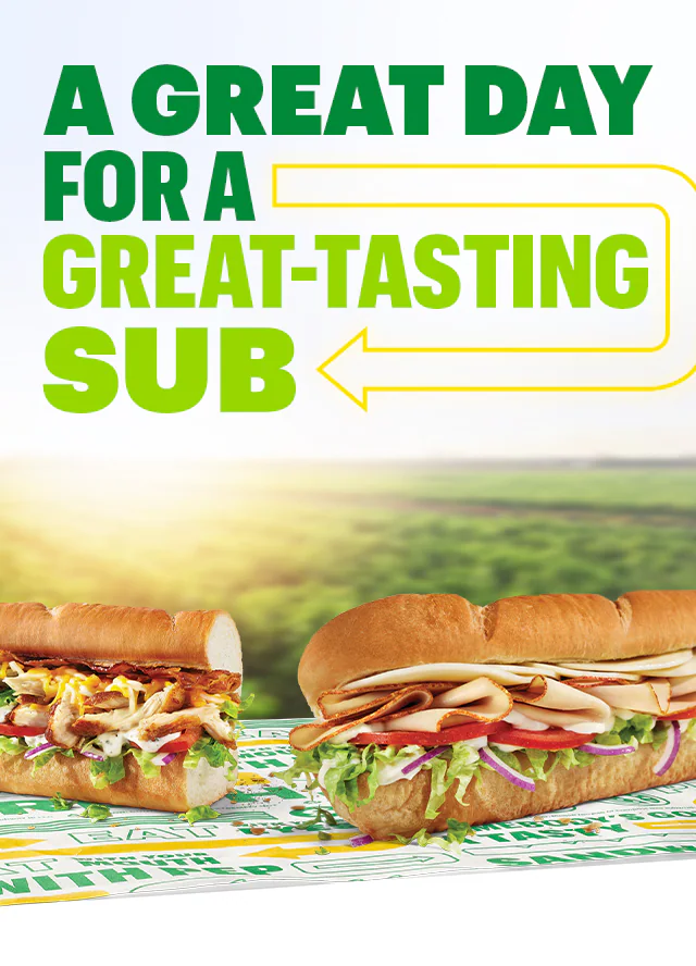 Promotional graphic for Subway featuring the headline ‘A Great Day for a Great-Tasting Sub’ above images of assorted fresh-made subs. Below the headline, a sequence of time‑stamped sections shows different stages of food preparation throughout the day. At 7:00 AM, bread loaves are shown on trays near an oven. At 8:00 AM, bowls of fresh vegetables such as tomatoes, peppers, and onions are displayed. At 12:00 PM, hands assemble a sandwich with sliced vegetables. At 5:00 PM, a prep station contains containers of cucumbers, pickles, lettuce, and other toppings. The graphic ends with the message ‘Your fresh‑made favorites await everyday!’ and a button labeled ‘Get Yours Today.’