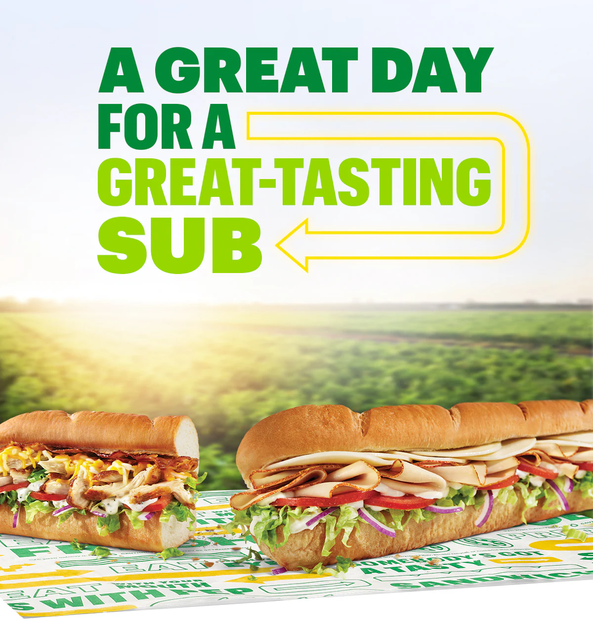 Promotional graphic for Subway featuring the headline ‘A Great Day for a Great-Tasting Sub’ above images of assorted fresh-made subs. Below the headline, a sequence of time‑stamped sections shows different stages of food preparation throughout the day. At 7:00 AM, bread loaves are shown on trays near an oven. At 8:00 AM, bowls of fresh vegetables such as tomatoes, peppers, and onions are displayed. At 12:00 PM, hands assemble a sandwich with sliced vegetables. At 5:00 PM, a prep station contains containers of cucumbers, pickles, lettuce, and other toppings. The graphic ends with the message ‘Your fresh‑made favorites await everyday!’ and a button labeled ‘Get Yours Today.’