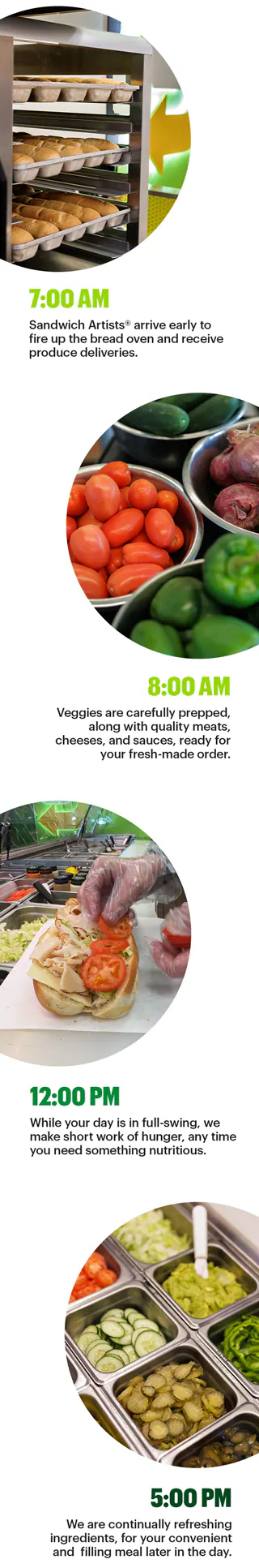 Promotional graphic for Subway featuring the headline ‘A Great Day for a Great-Tasting Sub’ above images of assorted fresh-made subs. Below the headline, a sequence of time‑stamped sections shows different stages of food preparation throughout the day. At 7:00 AM, bread loaves are shown on trays near an oven. At 8:00 AM, bowls of fresh vegetables such as tomatoes, peppers, and onions are displayed. At 12:00 PM, hands assemble a sandwich with sliced vegetables. At 5:00 PM, a prep station contains containers of cucumbers, pickles, lettuce, and other toppings. The graphic ends with the message ‘Your fresh‑made favorites await everyday!’ and a button labeled ‘Get Yours Today.’