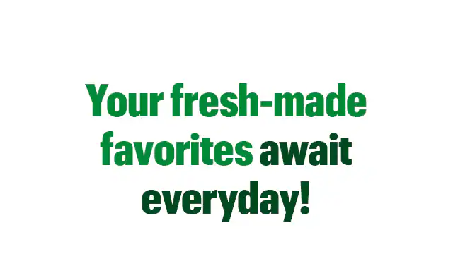 Promotional graphic for Subway featuring the headline ‘A Great Day for a Great-Tasting Sub’ above images of assorted fresh-made subs. Below the headline, a sequence of time‑stamped sections shows different stages of food preparation throughout the day. At 7:00 AM, bread loaves are shown on trays near an oven. At 8:00 AM, bowls of fresh vegetables such as tomatoes, peppers, and onions are displayed. At 12:00 PM, hands assemble a sandwich with sliced vegetables. At 5:00 PM, a prep station contains containers of cucumbers, pickles, lettuce, and other toppings. The graphic ends with the message ‘Your fresh‑made favorites await everyday!’ and a button labeled ‘Get Yours Today.’