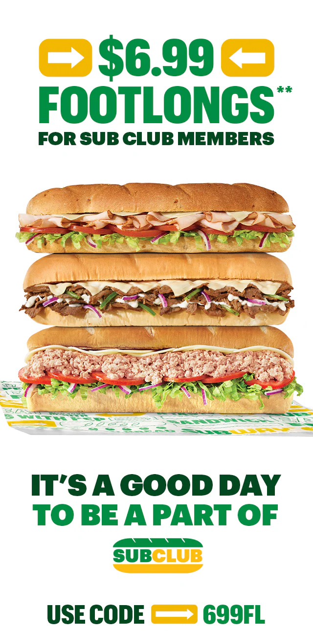 Promotional Subway email advertising $6.99 Footlongs for Sub Club members. The top section shows three Footlong sandwiches stacked ontop of one another. Below, text reads ‘It’s a good day to be a part of Sub Club,’ followed by instructions to use code 699FL and a button labeled ‘Save on a Sub.’ The bottom section features two close-up top‑down photos of loaves of bread with the headline ‘Get your bread. Save your dough.’ and small supporting copy about choosing hearty Multigrain or classic Italian bread.