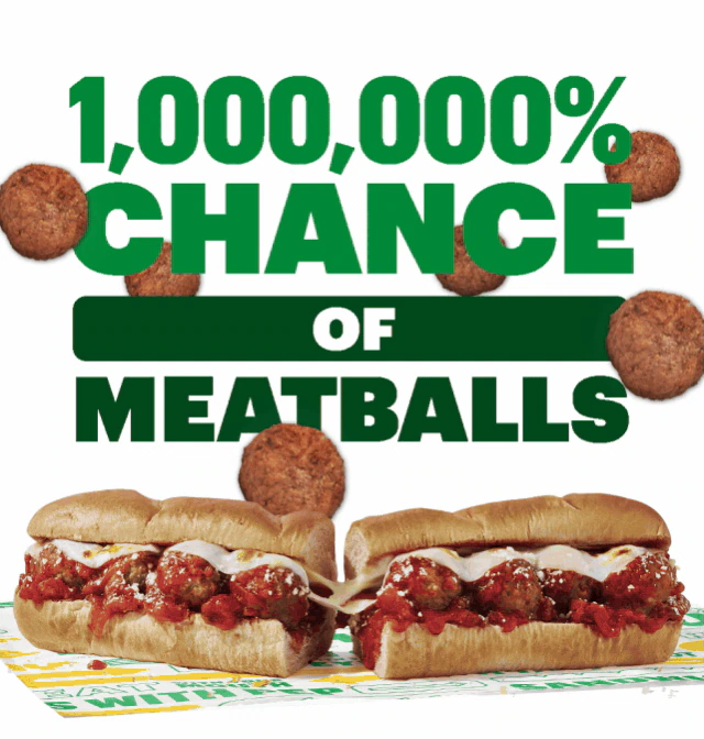 Promotional email for Subway’s National Meatball Day on March 9. The headline reads ‘1,000,000% Chance of Meatballs’ with meatballs falling around images of footlong meatball subs. Text explains the one‑day in‑store offer to upgrade a 6‑inch meatball sub to a free footlong. A phone notification mockup promotes receiving a reminder on 3/9. Additional text encourages visiting Subway and includes a button labeled ‘Savor a Sub.’