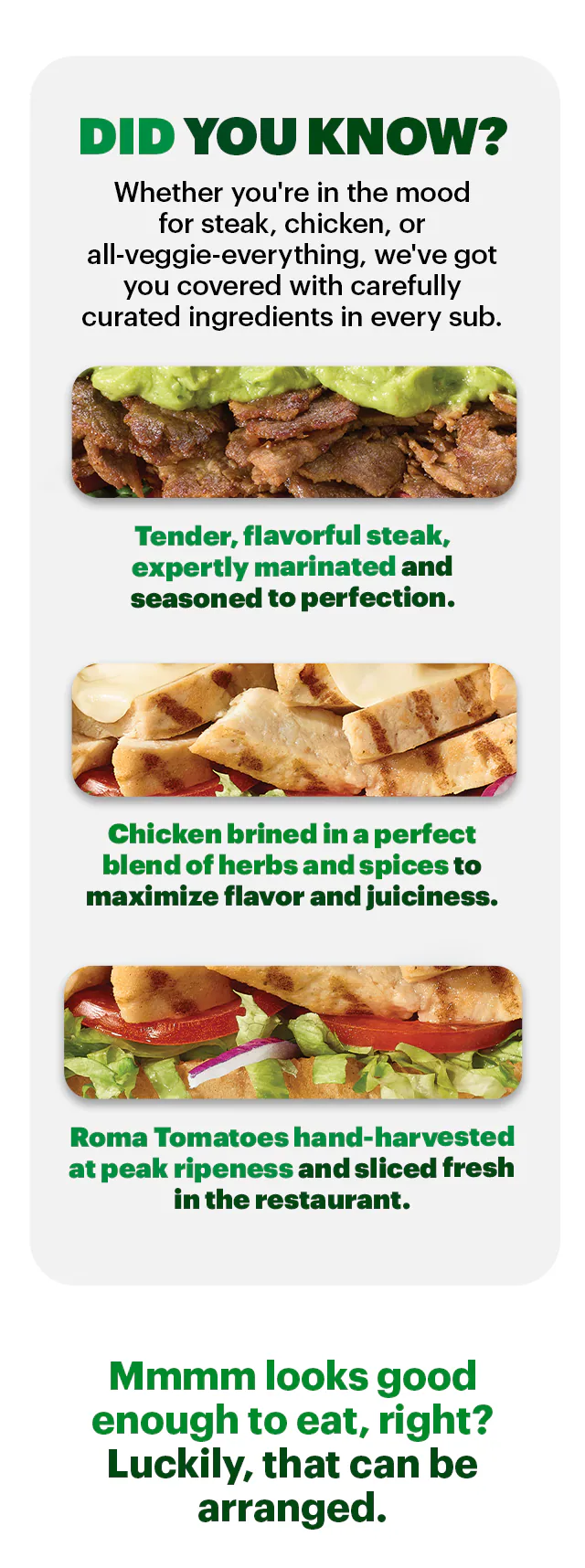 Promotional Subway ad featuring a large headline in green and yellow text: “Craving a $6.99 Footlong?” with an arrow pointing to the price. Below the headline is an image of a fresh Subway sandwich on branded paper. A yellow button says “Order Today.”. Further down, a section titled “Did You Know?” highlights ingredient facts with three smaller sandwich images and captions: “Tender, flavorful steak, expertly marinated and seasoned to perfection.”, “Chicken blended in a perfect mix of herbs and spices to maximize flavor and juiciness.”, “Roma Tomatoes hand-harvested at peak ripeness and sliced fresh in the restaurant.” Another green text line says: “Mmmm looks good enough to eat, right? Luckily, that can be arranged.” followed by another yellow “Order Today” button.