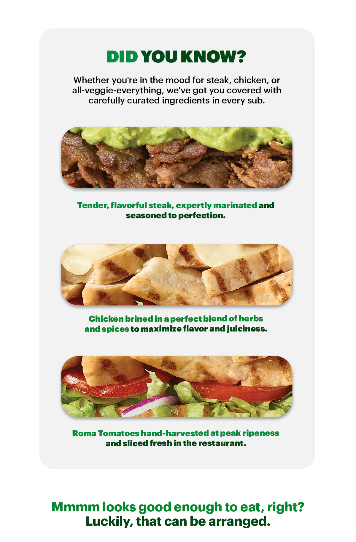 Promotional Subway ad featuring a large headline in green and yellow text: “Craving a $6.99 Footlong?” with an arrow pointing to the price. Below the headline is an image of a fresh Subway sandwich on branded paper. A yellow button says “Order Today.”. Further down, a section titled “Did You Know?” highlights ingredient facts with three smaller sandwich images and captions: “Tender, flavorful steak, expertly marinated and seasoned to perfection.”, “Chicken blended in a perfect mix of herbs and spices to maximize flavor and juiciness.”, “Roma Tomatoes hand-harvested at peak ripeness and sliced fresh in the restaurant.” Another green text line says: “Mmmm looks good enough to eat, right? Luckily, that can be arranged.” followed by another yellow “Order Today” button.