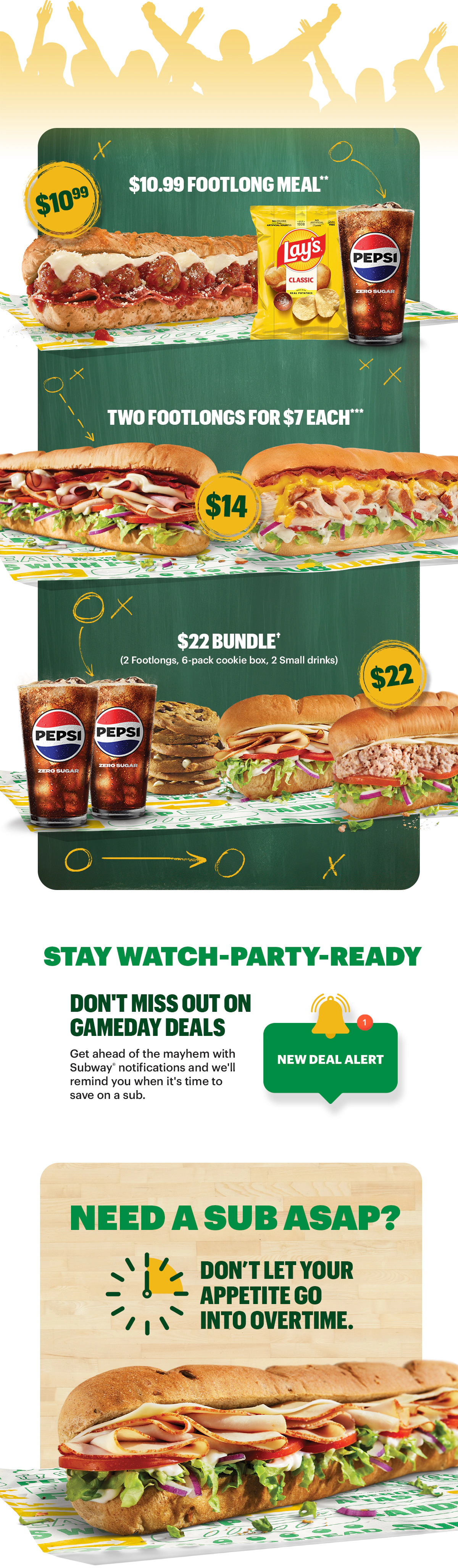 Email promoting Subway’s deals happening during the basketball tournament, featuring images of various subs and offer badges: $10.99 Footlong Meal with chips and a drink, Two Footlongs for $7 each, and a $22 Bundle with two footlongs, cookie box, and two drinks. Includes messages about watching games, digital‑only offers in the Subway App, reminders to stay ‘watch‑party‑ready,’ and a final call‑to‑action button labeled ‘Savor a Sub.’