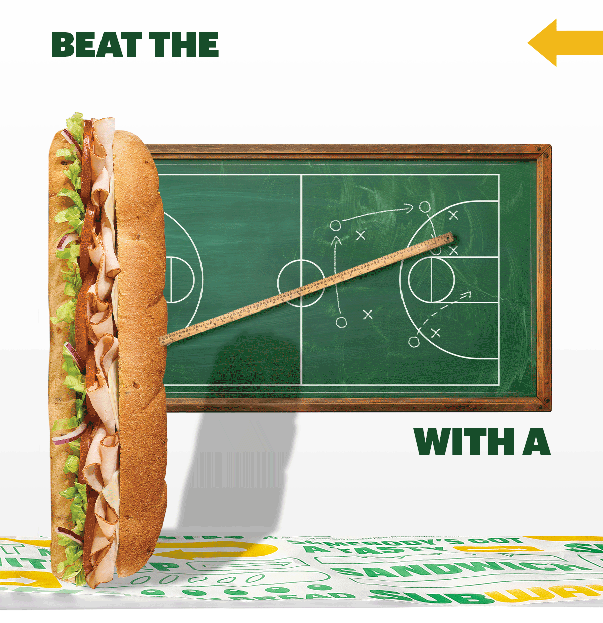 Subway promotional email for digital‑only offers available during the upcoming basketball tournament. Headline reads ‘Beat the Hunger Buzzer with a Tasty Takedown.’ Featured deals include: $10.99 Footlong Meal with chips and a drink, Two Footlongs for $7 each, and a $22 Bundle with two footlongs, a 6‑pack cookie box, and two drinks. Additional section highlights two subs—Oven‑Roasted Turkey and Classic Tuna. Final panel asks, ‘Which sub will you take to the big tournament?’ with an Order Now button.