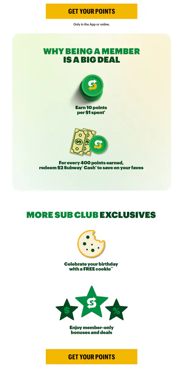 Promotional Subway® email featuring the headline ‘stack up on bonus points’ The image shows two Subway® sandwiches surrounded by green and yellow Sub Club point icons. Below, text explains the offer: ‘Enjoy 100 bonus points on your next order $5 or more,’ with a button labeled ‘Get Your Points.’ A section titled ‘Why Being a Member Is a Big Deal’ highlights earning 10 points per dollar and earning $2 in Subway Cash for every 400 points earned that can be redeemed on faves. Another section titled ‘More Sub Club Exclusives’ shows icons for a birthday cookie reward and member‑only deals, followed by another ‘Get Your Points’ button.