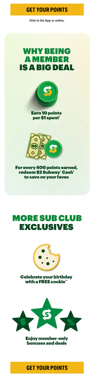 Promotional email featuring a Subway® Footlong deal. The top section says ‘Heads up, your exclusive Footlong deal is here’ next to a phone displaying a $6.99 Footlong offer and a button labeled ‘Start Order.’ Below, a photo of a Footlong sandwich appears above a message about using code 699FL to order. A yellow ‘Order Now’ button follows. The next section, titled ‘The Anatomy of the Perfect Sub,’ highlights customizing ingredients in the app with three horizontal ingredient images: picking your protein, then your favorite fresh sliced veggies, and if double meat is what you prefer. Each has short supporting text about selecting protein, choosing veggies, and adding extra meat. At the bottom, an image of chips and a drink appears with the message ‘Still hungry? Complete your meal with chips and a drink,’ above a yellow ‘Make It a Meal’ button.