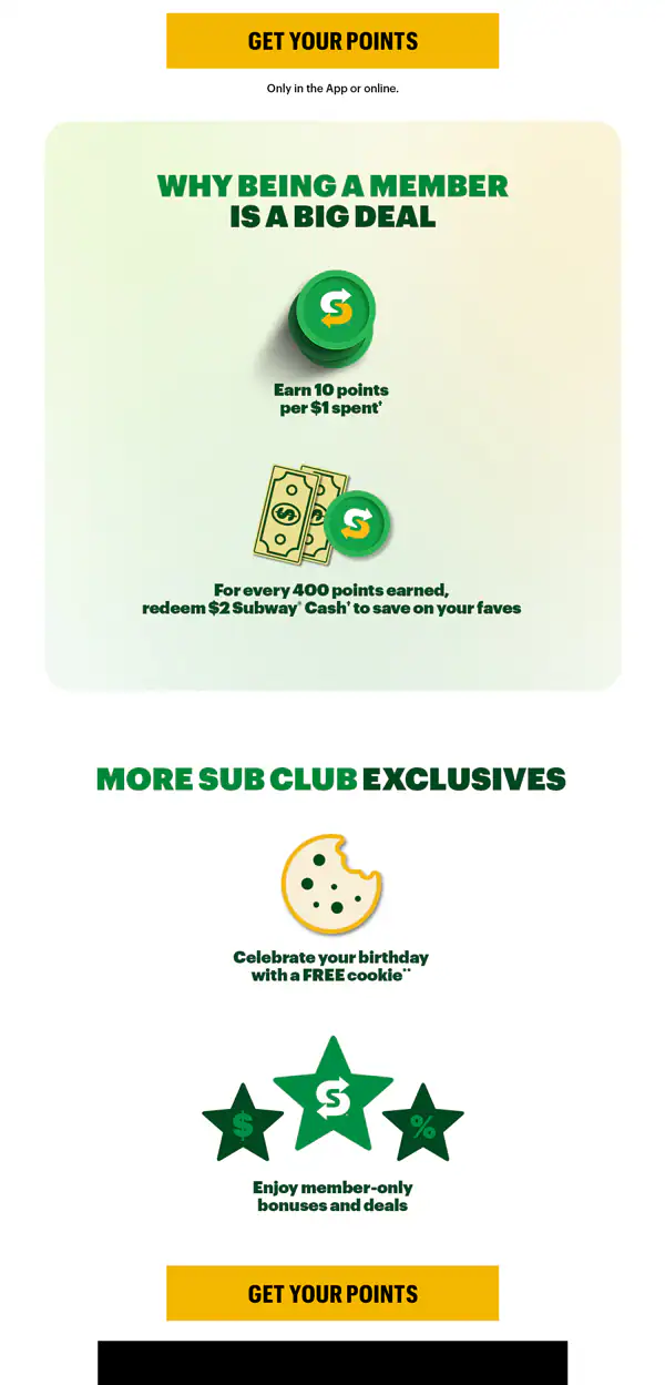 Promotional email featuring a Subway® Footlong deal. The top section says ‘Heads up, your exclusive Footlong deal is here’ next to a phone displaying a $6.99 Footlong offer and a button labeled ‘Start Order.’ Below, a photo of a Footlong sandwich appears above a message about using code 699FL to order. A yellow ‘Order Now’ button follows. The next section, titled ‘The Anatomy of the Perfect Sub,’ highlights customizing ingredients in the app with three horizontal ingredient images: picking your protein, then your favorite fresh sliced veggies, and if double meat is what you prefer. Each has short supporting text about selecting protein, choosing veggies, and adding extra meat. At the bottom, an image of chips and a drink appears with the message ‘Still hungry? Complete your meal with chips and a drink,’ above a yellow ‘Make It a Meal’ button.