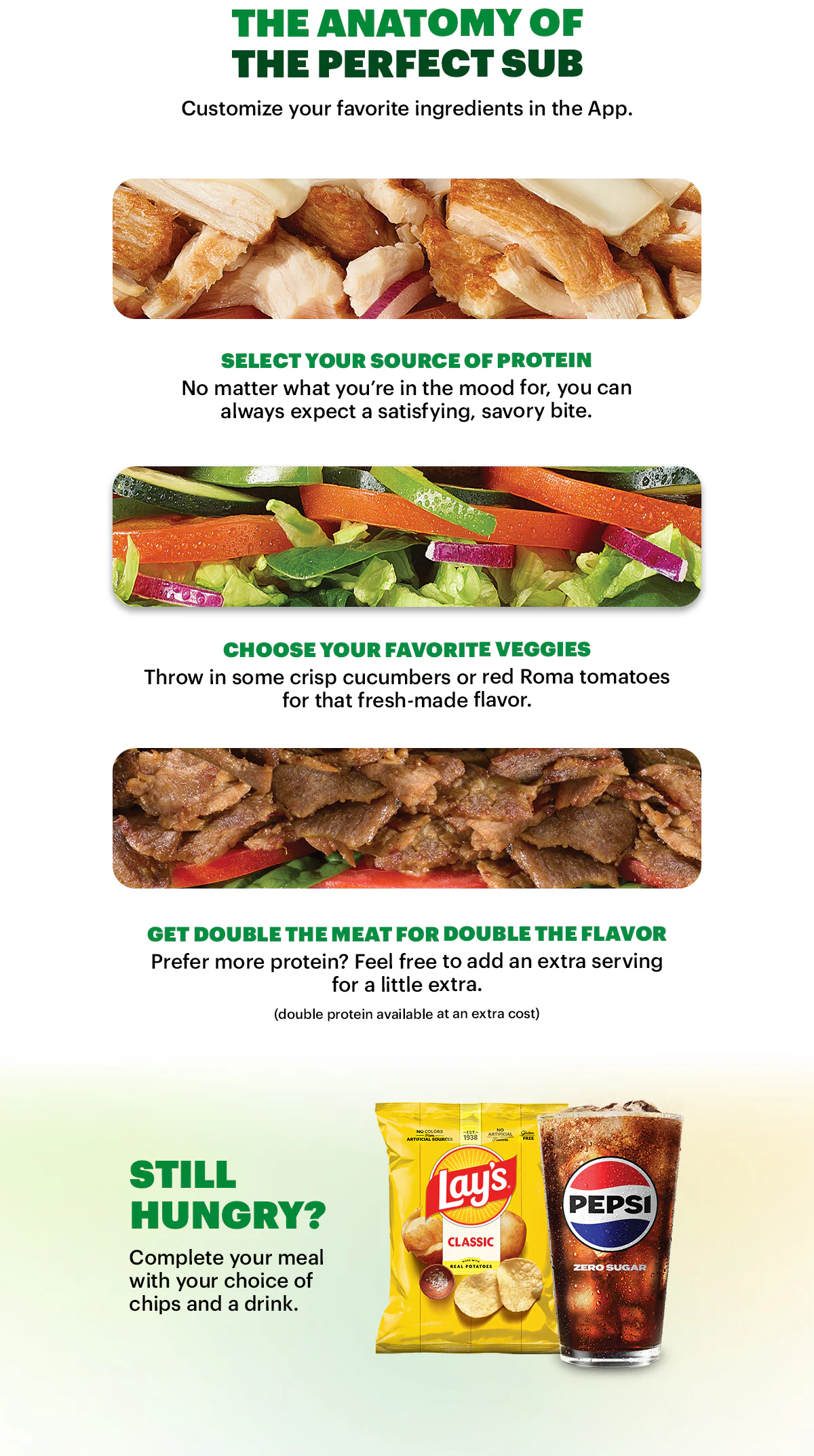 Promotional email featuring a Subway® Footlong deal. The top section says ‘Heads up, your exclusive Footlong deal is here’ next to a phone displaying a $6.99 Footlong offer and a button labeled ‘Start Order.’ Below, a photo of a Footlong sandwich appears above a message about using code 699FL to order. A yellow ‘Order Now’ button follows. The next section, titled ‘The Anatomy of the Perfect Sub,’ highlights customizing ingredients in the app with three horizontal ingredient images: picking your protein, then your favorite fresh sliced veggies, and if double meat is what you prefer. Each has short supporting text about selecting protein, choosing veggies, and adding extra meat. At the bottom, an image of chips and a drink appears with the message ‘Still hungry? Complete your meal with chips and a drink,’ above a yellow ‘Make It a Meal’ button.