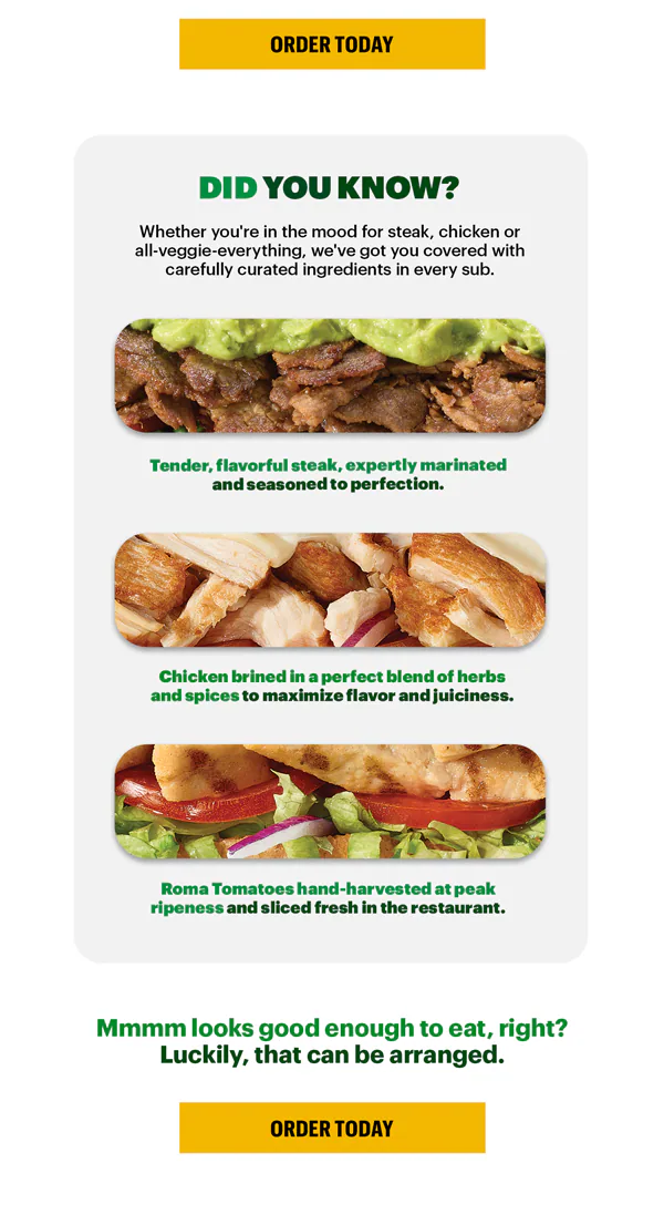 Promotional Subway ad featuring a large headline in green text: “Last Day: $6.99 Footlong". Below the headline is an image of a fresh Subway sandwich on branded paper. A yellow button says “Order today.”. Below the headline is an image of a fresh Subway sandwich on branded paper. A yellow button says “Order Today.”. Further down, a section titled “Did You Know?” highlights ingredient facts with three smaller sandwich images and captions: “Tender, flavorful steak, expertly marinated and seasoned to perfection.”, “Chicken blended in a perfect mix of herbs and spices to maximize flavor and juiciness.”, “Roma Tomatoes hand-harvested at peak ripeness and sliced fresh in the restaurant.” Another green text line says: “Mmmm looks good enough to eat, right? Luckily, that can be arranged.” followed by another yellow “Order Today” button.