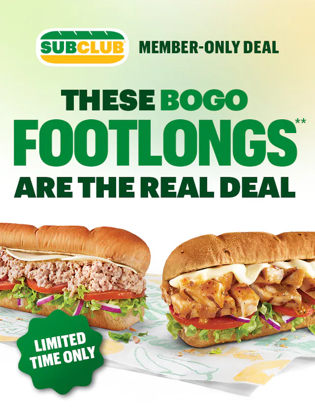 Promotional Subway® email featuring a SubClub member‑only offer. Headline reads ‘These BOGO Footlongs Are the Real Deal. Limited time only.’. Two Footlong sandwiches are pictured on branded wrapping paper. Text below states that starting today, Sub Club members can buy one Footlong and get one free with promo code FLBOGO. A yellow ‘Order Now’ button appears. A green banner reads ‘Only Online and in the App’ with icons of a phone and sandwich. The lower section highlights Sub Club rewards: earning 10 points per dollar, earning 5% extra points for app orders, redeeming $2 Subway® Cash for every 400 points, receiving a free birthday cookie, and access to member‑only deals. Another yellow ‘Order Now’ button appears at the bottom.